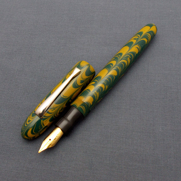 KIM ACR Regular Cigar Handmade Ebonite Fountain Pen - Corn Yellow/Forest Green Rippled