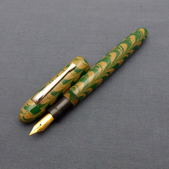 KIM ACR Regular Cigar Handmade Ebonite Fountain Pen - Flaxen Yellow/Forest Green Rippled