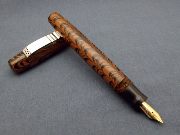 KIM ACR Handmade Indian Ebonite Big Fountain Pen - Curved - Brown & Black Rippled